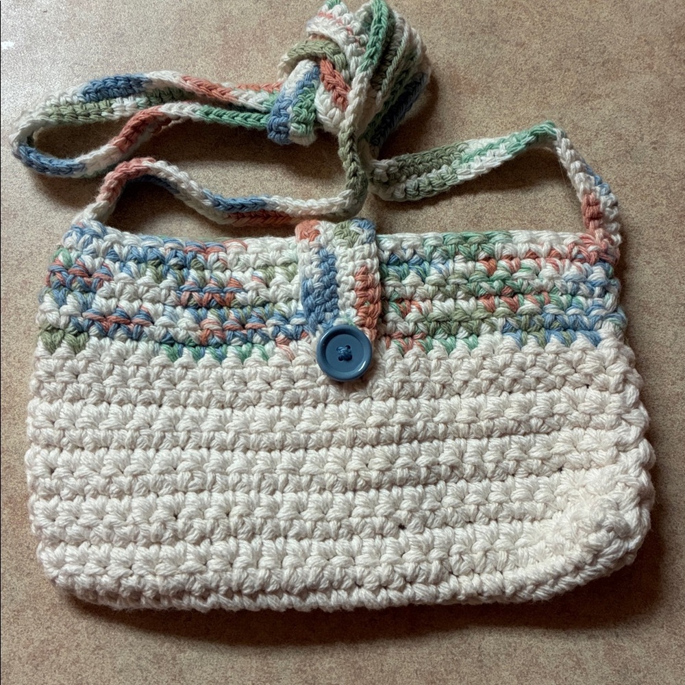 New Handcrafted Crochet Ivory With Blue/Pink/Green Crossbody Tote Bag